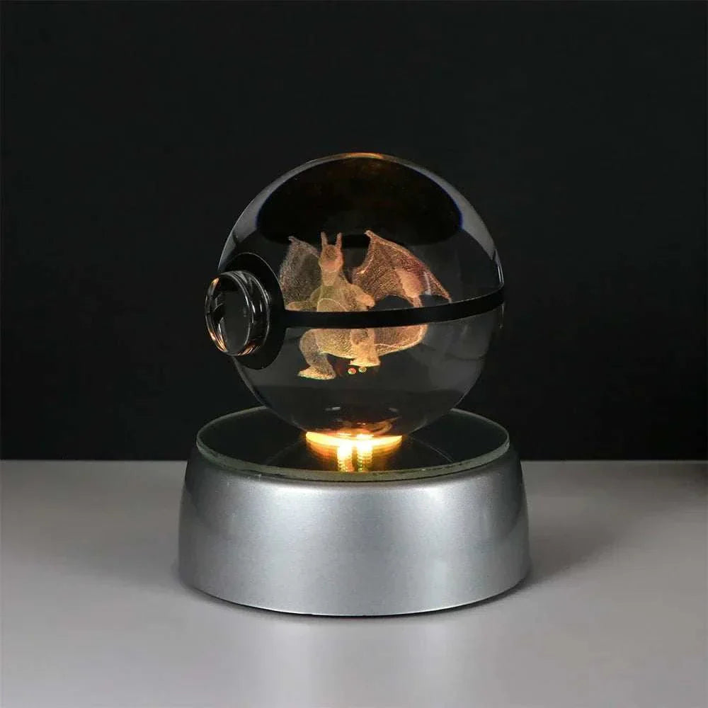 Pokemon Crystal Ball LED Night Light featuring Pikachu, Gengar, Eevee, Mewtwo, and Lucario on silver base.