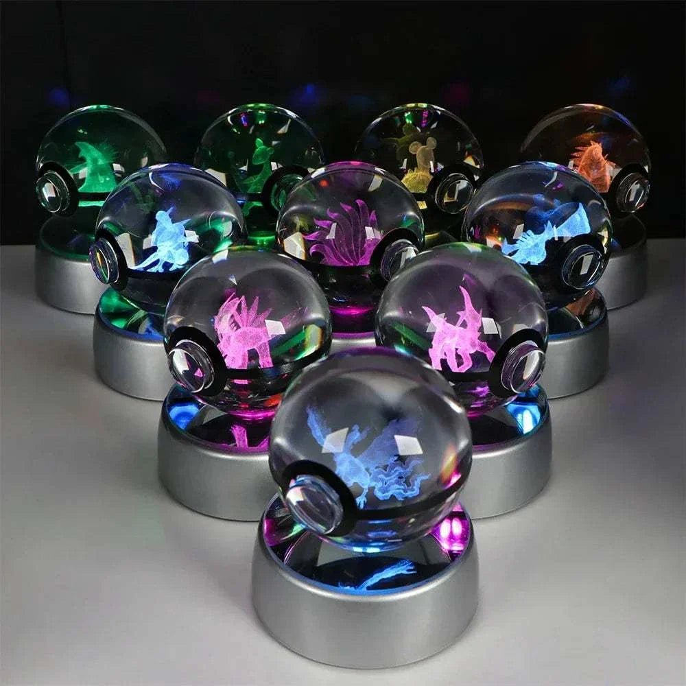 Pokemon Crystal Ball LED night lights featuring Pikachu, Gengar, Eevee, and Mewtwo on bases, vibrant glowing decor.