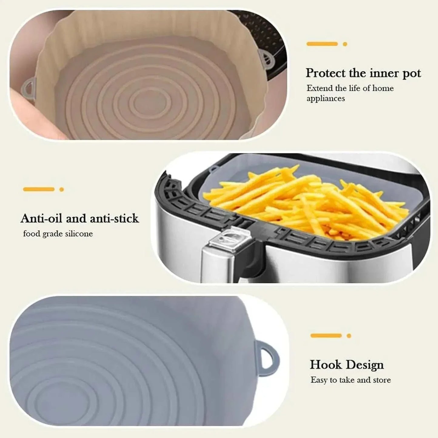 Silicone air fryer liners with side handles for easy use, protecting inner pots, anti-oil and anti-stick features, and a convenient hook design.
