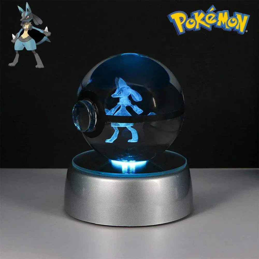 Pokemon Crystal Ball LED night light featuring Lucario design on base with glowing effect.
