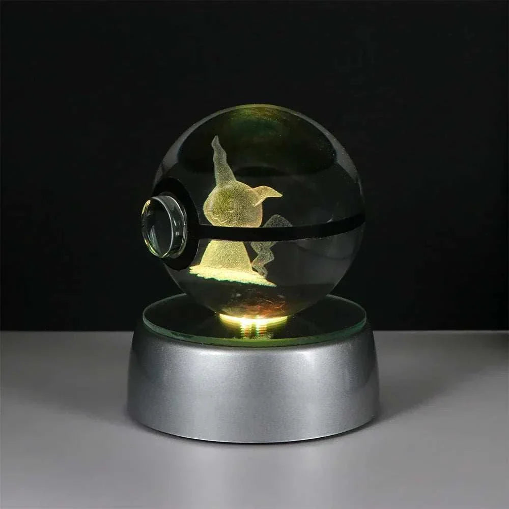 LED lit Pokemon Crystal Ball with Pikachu model on silver base, home decor night light.