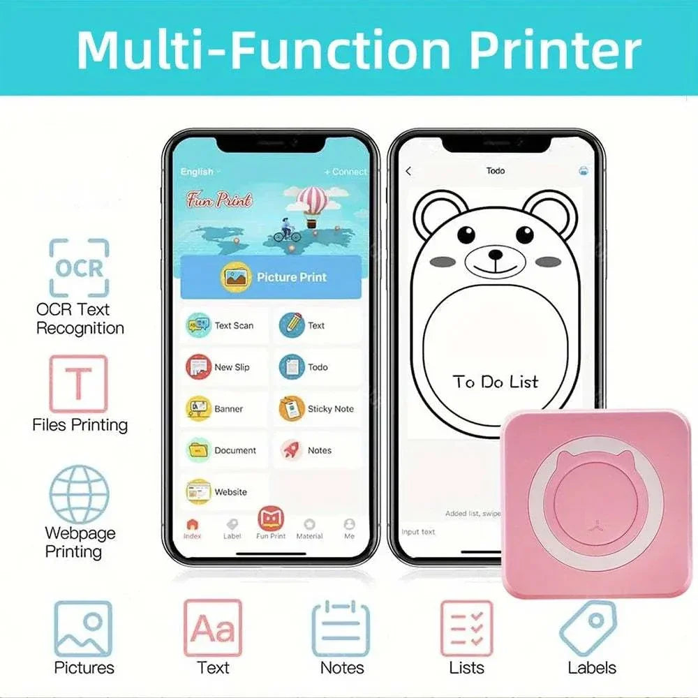 Portable mini thermal printer with various printing options, wireless connectivity, and compatible with smartphones, shown alongside two devices displaying print interface.