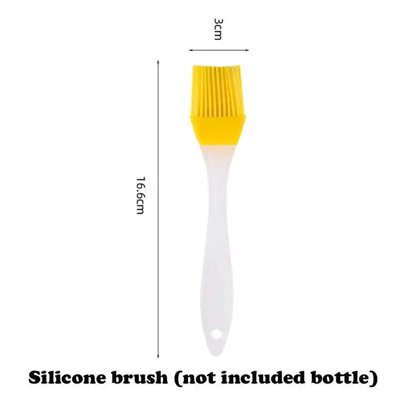 Yellow and white silicone basting brush with measurements, not included with oil spray bottle.