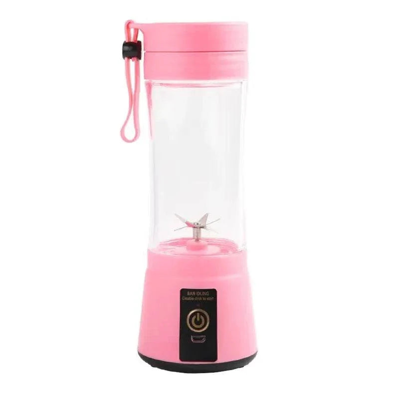 Portable pink electric mini fruit juice blender with USB charging and 6 blades.