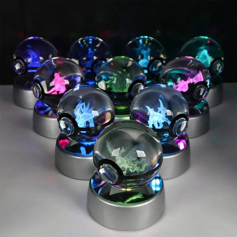 Pokemon Crystal Ball featuring Pikachu, Gengar, Eevee, Mewtwo, and Lucario on LED bases; anime-themed decor gift.