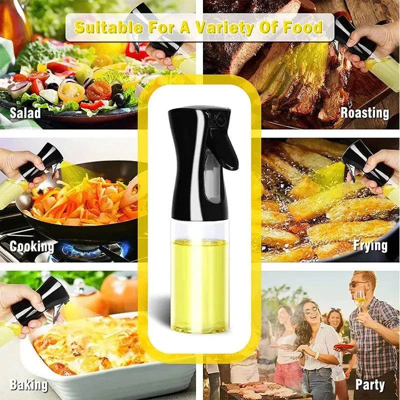 Oil spray bottle for cooking, roasting, frying, and baking; suitable for various foods.