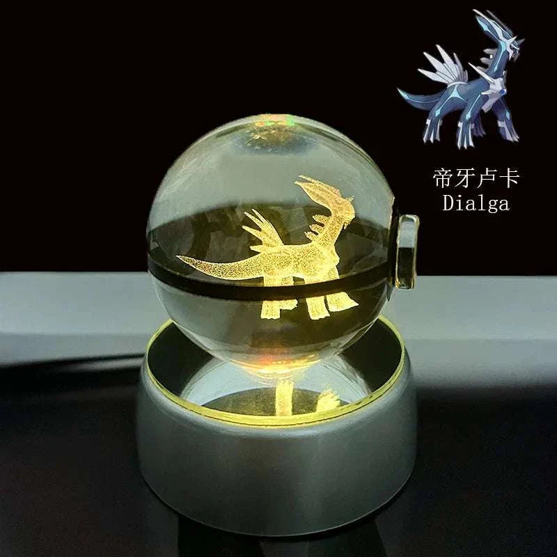 Pokemon Crystal Ball with etched Dialga, LED light base for kids' room decor and gifts.