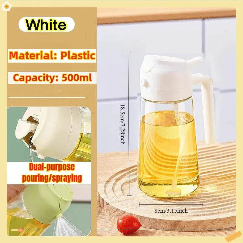 White plastic oil spray bottle, 500ml capacity, dual-purpose pouring and spraying design, ideal for cooking and baking.