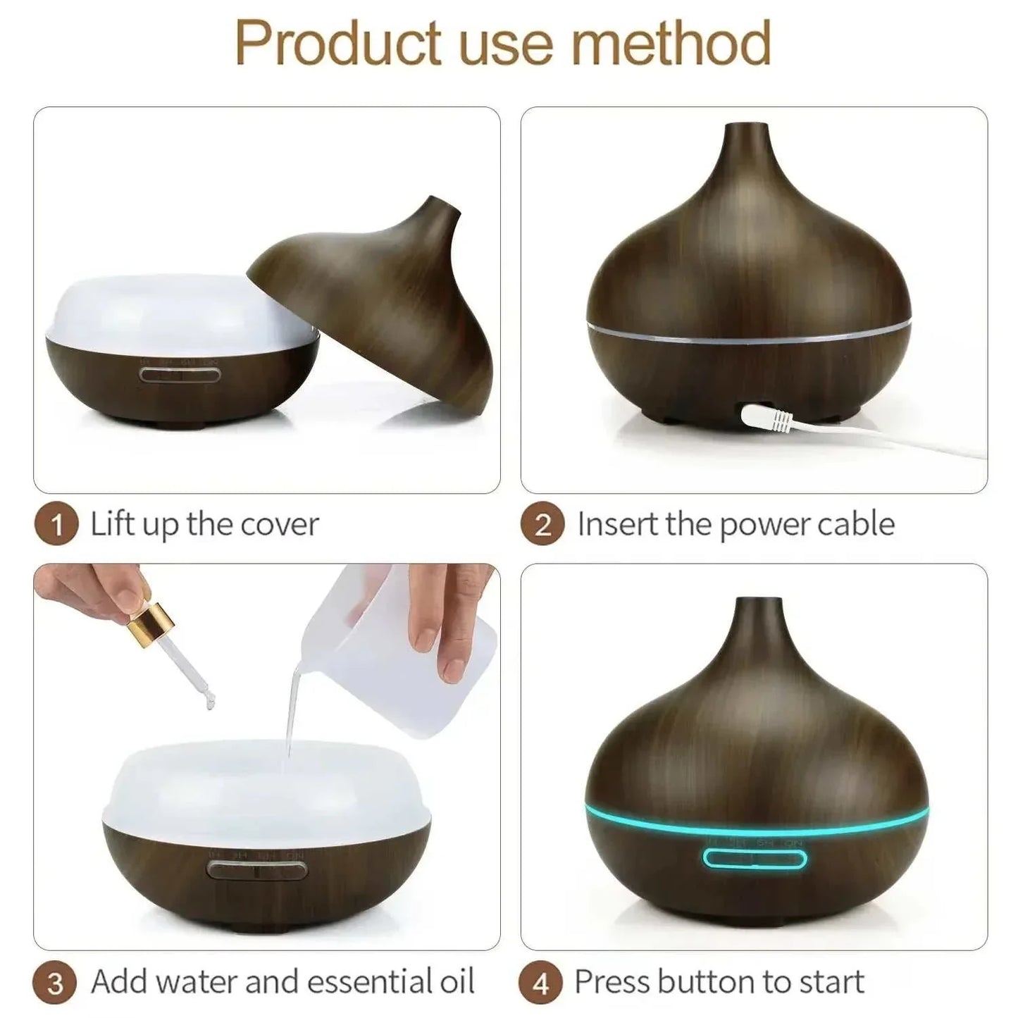 Air Humidifier Aromatherapy Essential Oil Diffuser with Wood Grain Finish and Remote Control.