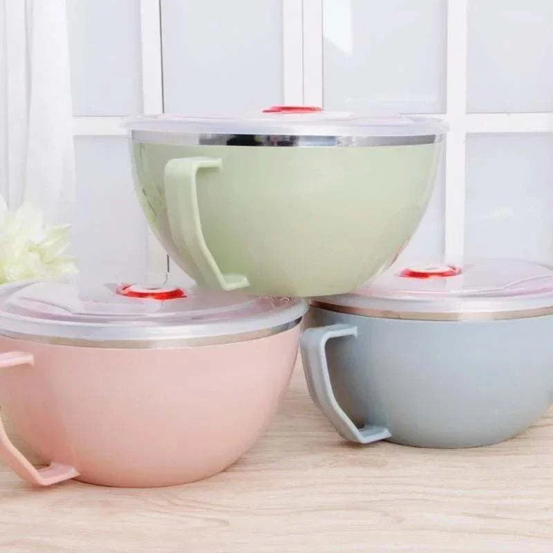 Stainless steel bowls with handles in pink, green, and blue, designed for anti-scalding and instant noodles.
