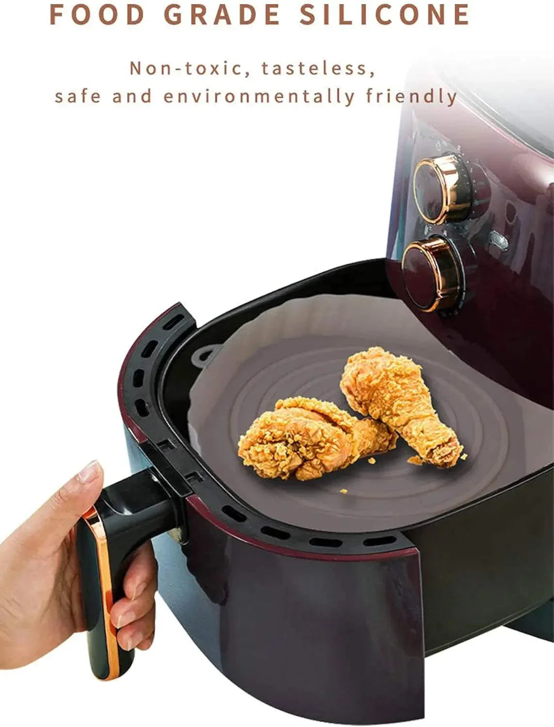 Silicone air fryer liner in basket with fried chicken, featuring side handles and made from non-toxic, food-grade silicone.