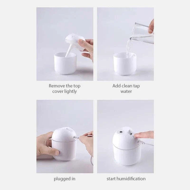 250ML Mini Aroma Oil Diffuser USB Essential Oil Atomizer setup process with four steps: removing top cover, adding water, plugging in, starting humidification.