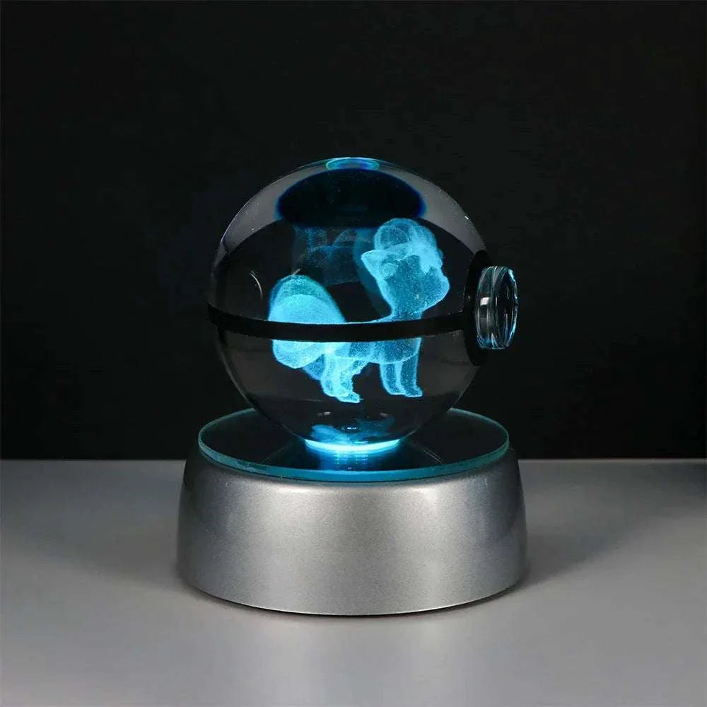 Pokemon Crystal Ball LED night light featuring Pikachu with glowing ethereal light on a metallic base.
