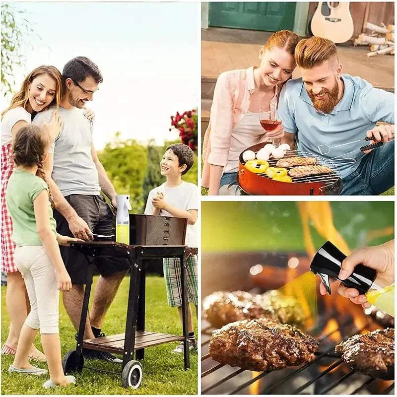 Family grilling with oil spray bottle for BBQ and cooking.