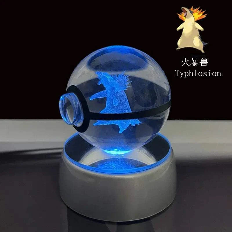 Pokemon Crystal Ball with Typhlosion hologram on LED base, glowing blue, anime decor.