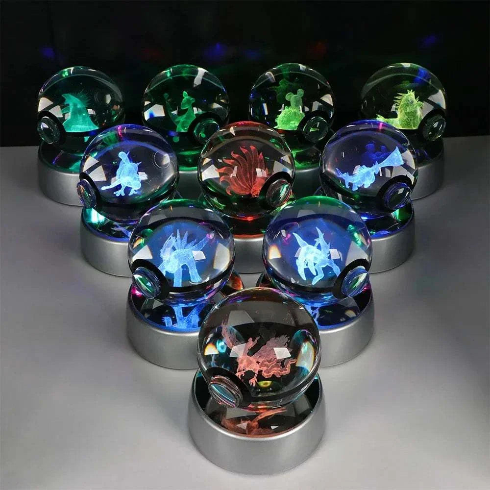 Pokemon Crystal Ball LED night lights featuring Pikachu, Gengar, Eevee, Mewtwo, Lucario on a base. Ideal kids' gift and home decor.