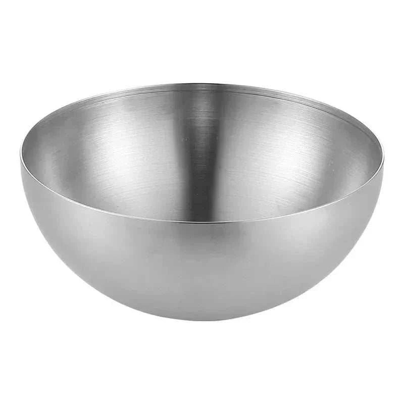 Stainless steel gold and silver salad bowl, durable and eco-friendly, perfect for serving various dishes.