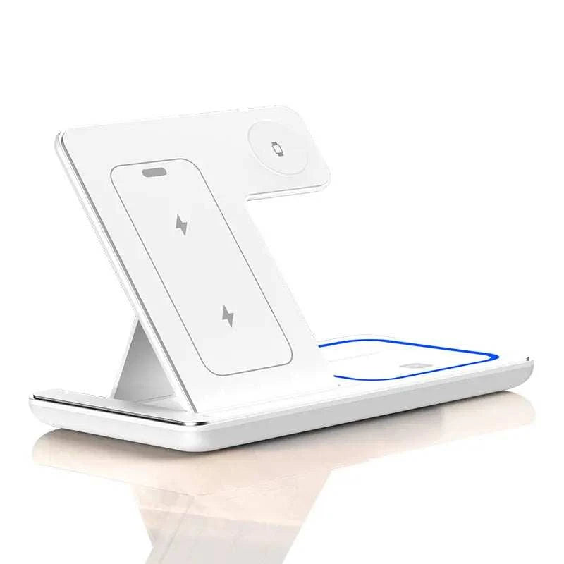 Foldable wireless charger stand for iPhone, iWatch, and AirPods with fast charging capabilities.