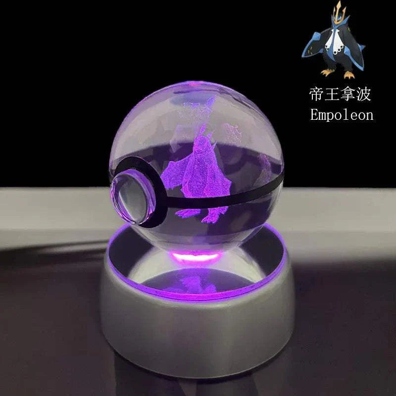 Pokemon Crystal Ball with LED Base displaying Empoleon figure, perfect for kids' birthday gift and home decor.