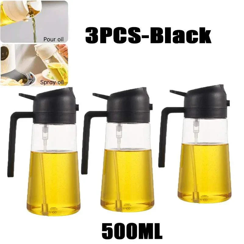 Oil spray bottle with black lid, 500ml capacity, for cooking and BBQ, set of 3.