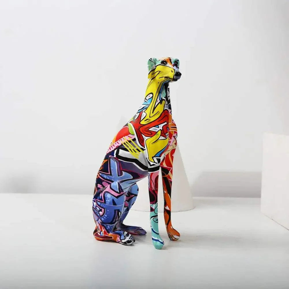 Modern creative painted colorful Greyhound ornament made of resin, ideal for home decoration.