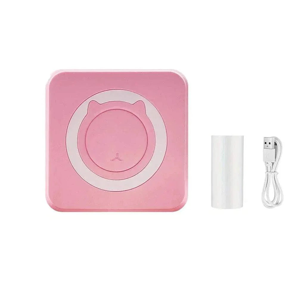 Portable Mini Thermal Printer in pink with USB cable and thermal paper.