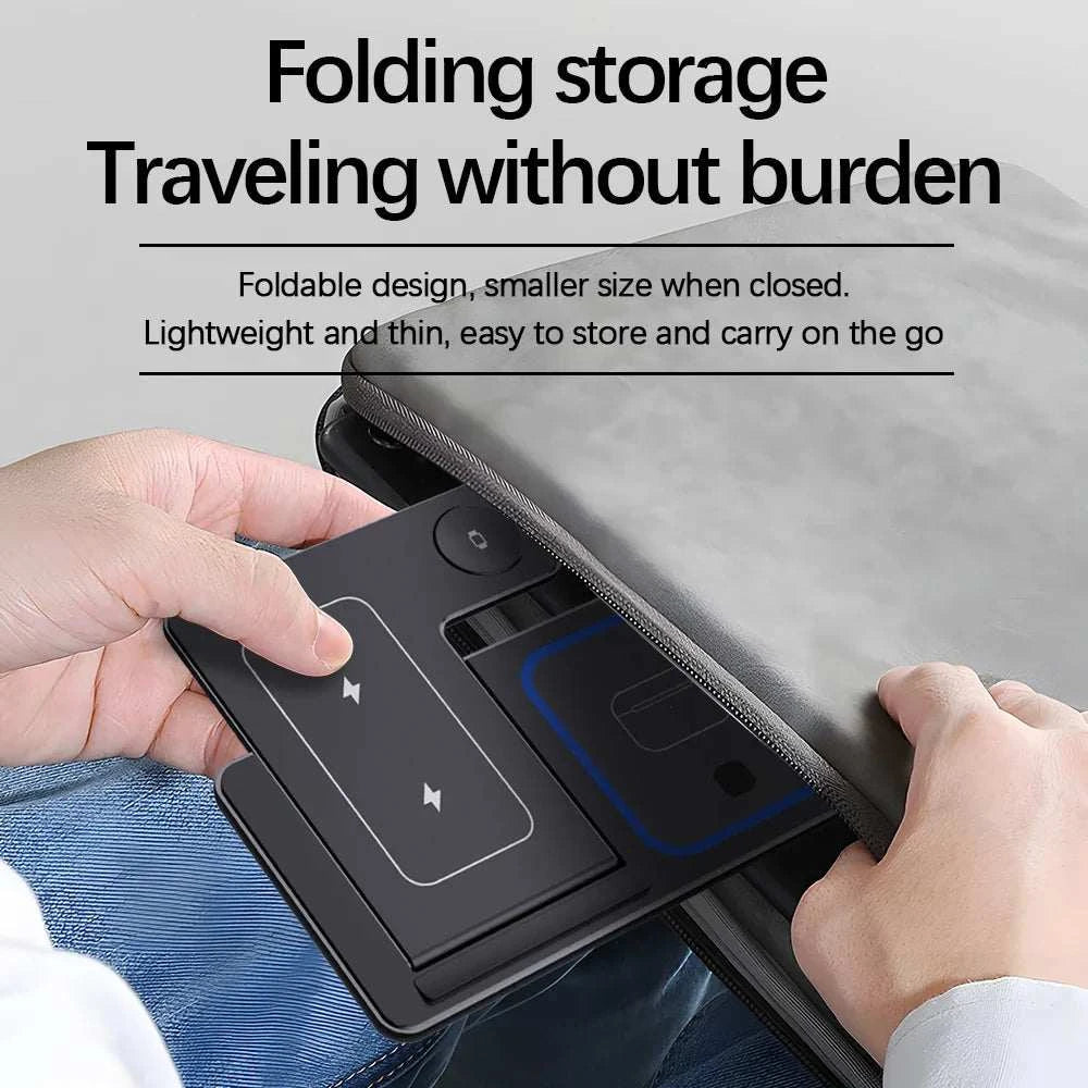 Foldable and portable wireless charger stored in a suitcase for travel.