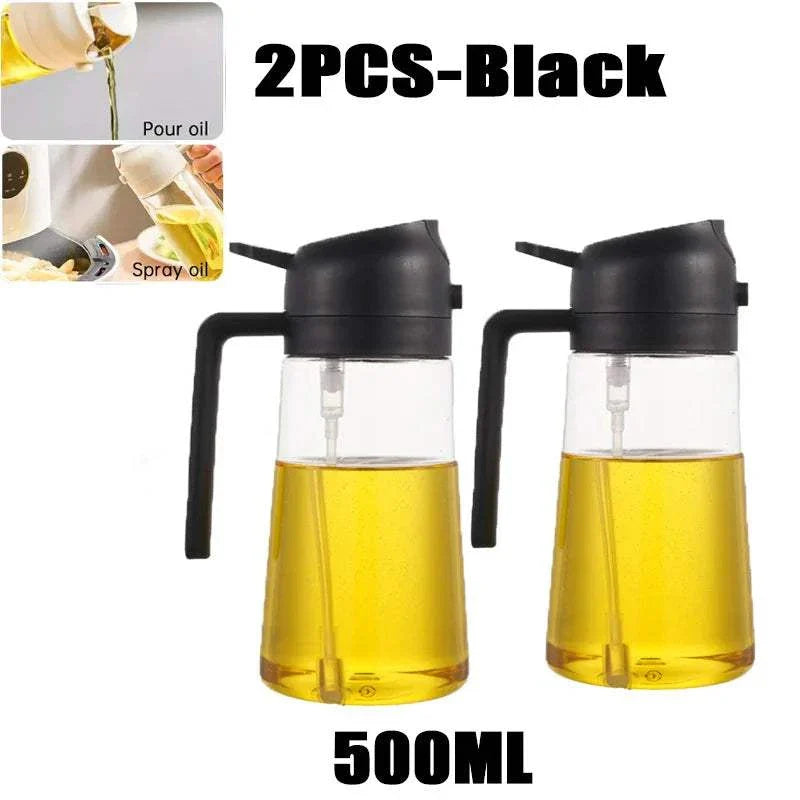 Black 500ml oil spray bottles for cooking and baking, featuring easy pour and spray functions.