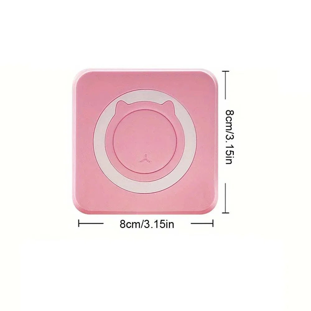 Pink portable mini thermal printer with compact 8cm dimensions, Bluetooth connectivity, and 203dpi resolution.