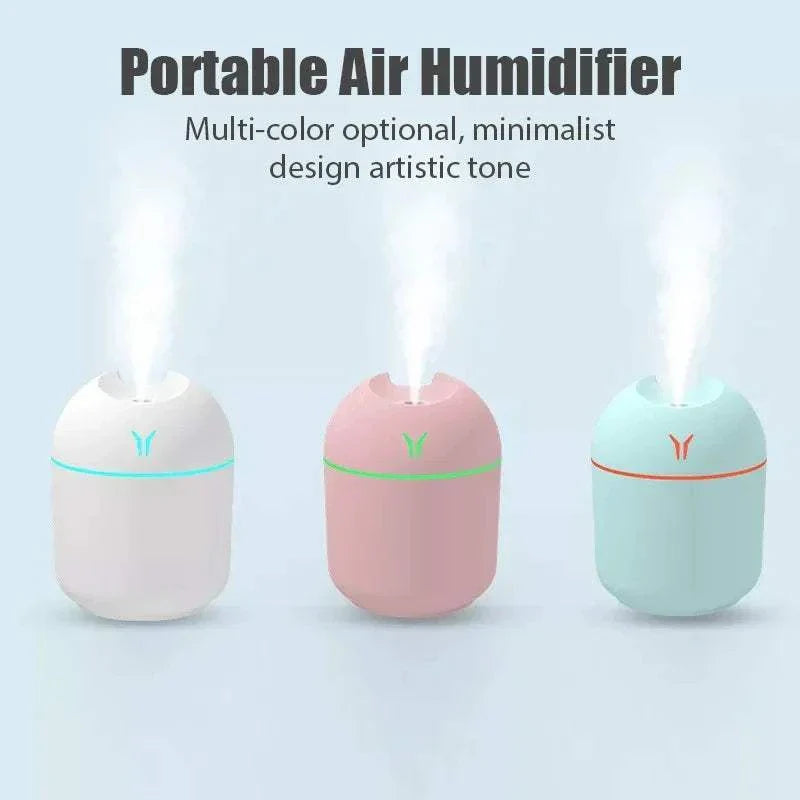 250ML Mini Aroma Oil Diffuser USB Essential Oil Atomizer with LED Night Lamp in white, pink, and blue.