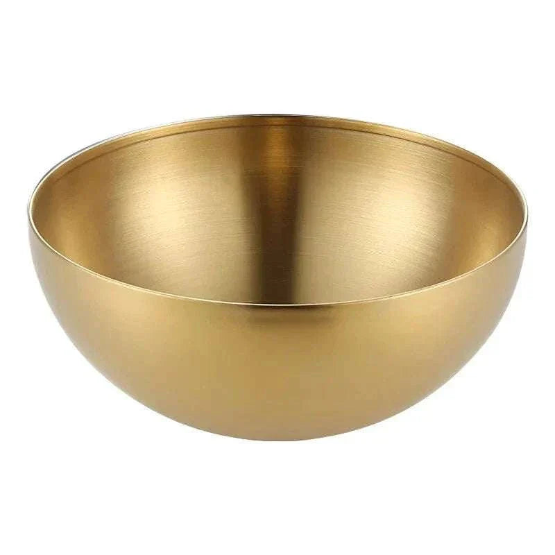 Stainless steel bowl with a gold finish, ideal for serving salads, rice, and noodles; durable and eco-friendly design.