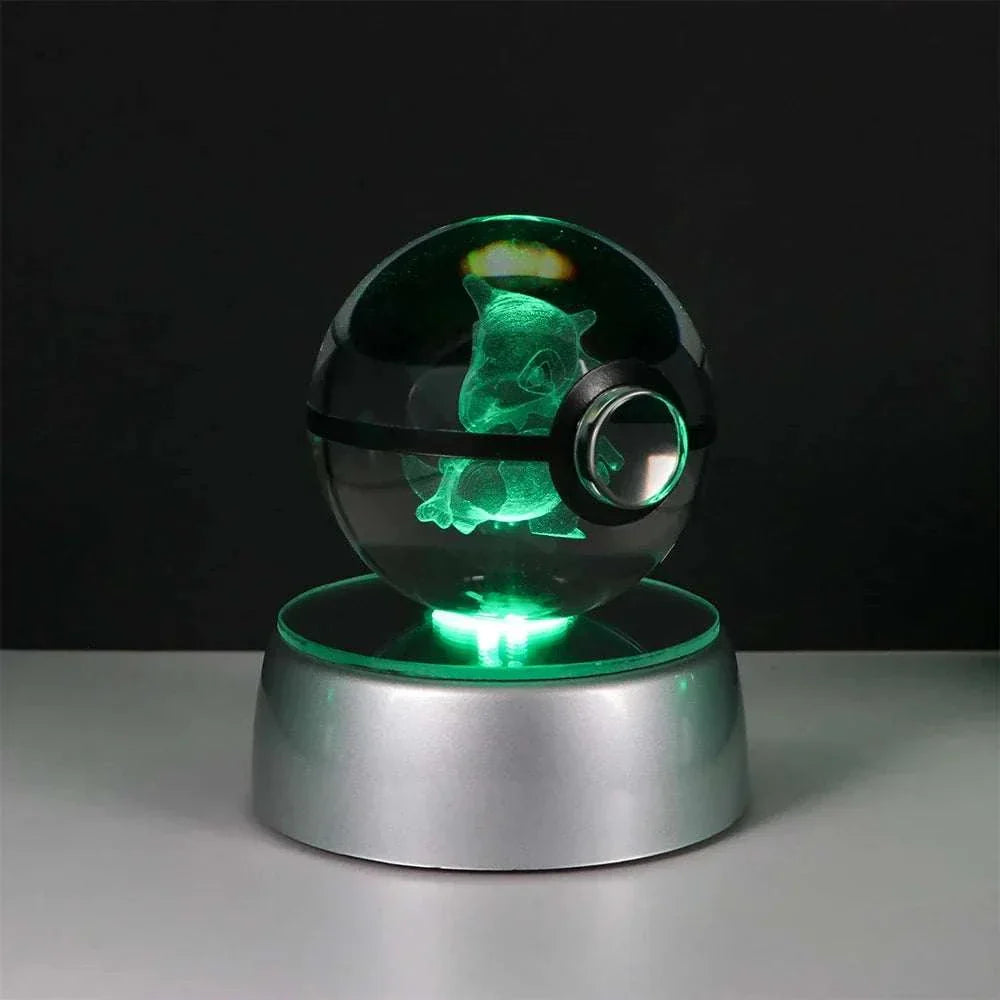 Pokemon Crystal Ball with LED Light featuring Pikachu, Gengar, Mewtwo, and Eevee on a decorative base.