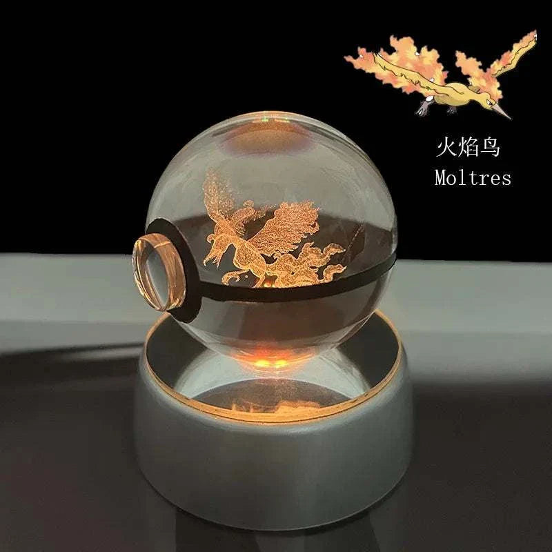Pokemon Crystal Ball with Moltres design on LED base, mystical anime-inspired decor.