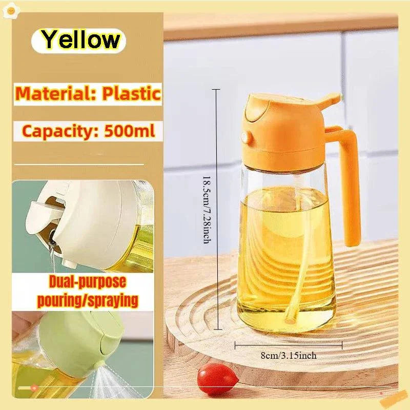 Yellow plastic oil spray bottle with dual-purpose pouring and spraying, 500ml capacity, suitable for kitchen use.