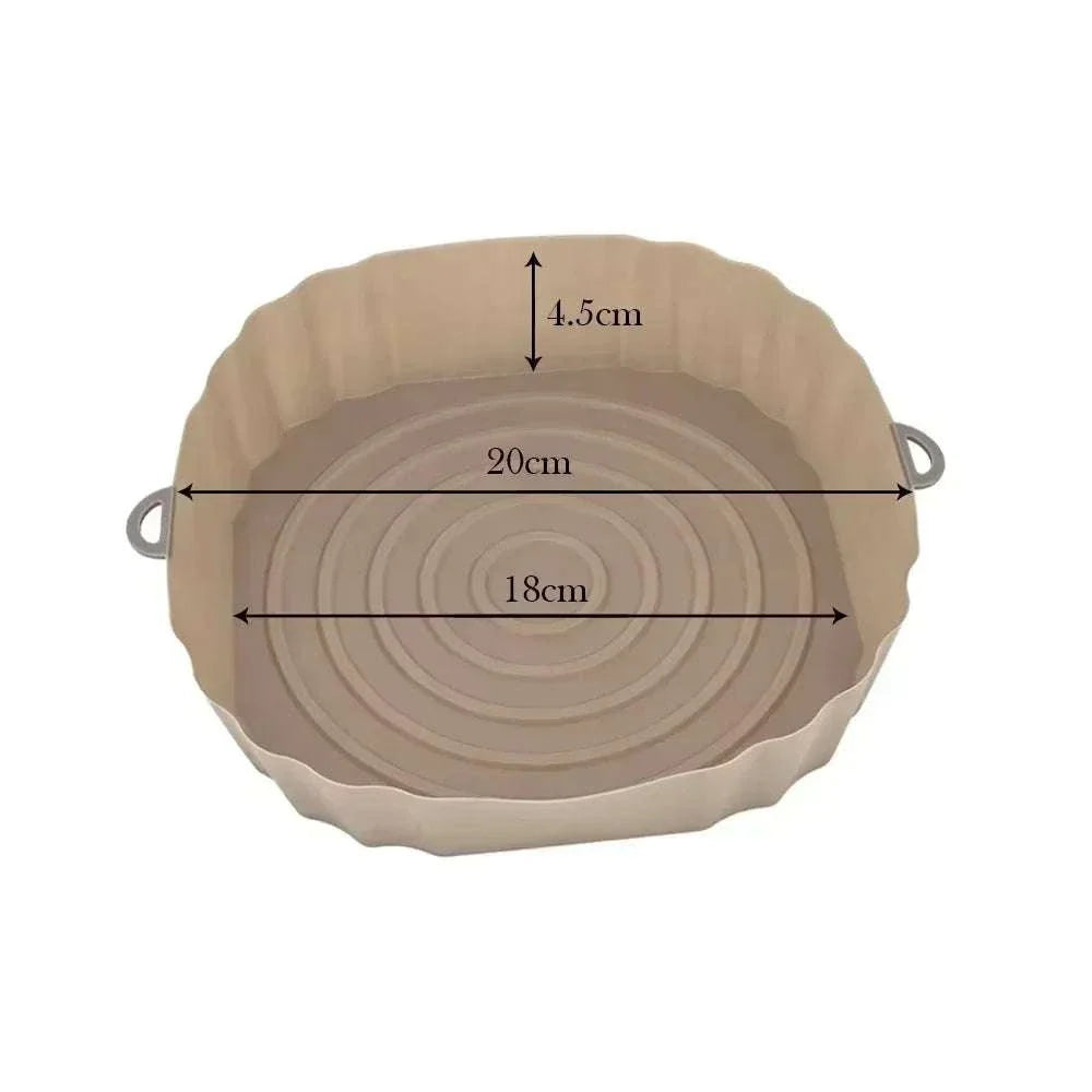 Silicone air fryer liner with side handles, round basket pot bowl, 20cm diameter for baking and cooking.
