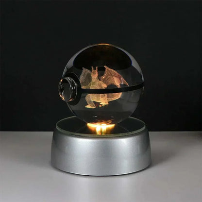 Pokemon Crystal Ball LED Night Light featuring Pikachu, Gengar, Eevee, Mewtwo, and Lucario on silver base.