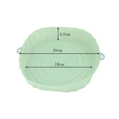 Silicone air fryer liner with side handles and measurements, reusable baking tray accessory.