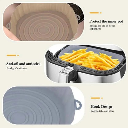 Silicone air fryer liners with side handles for easy use, protecting inner pots, anti-oil and anti-stick features, and a convenient hook design.
