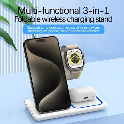 3 in 1 foldable wireless charger stand for phones, watches, and earphones, supporting simultaneous fast charging.