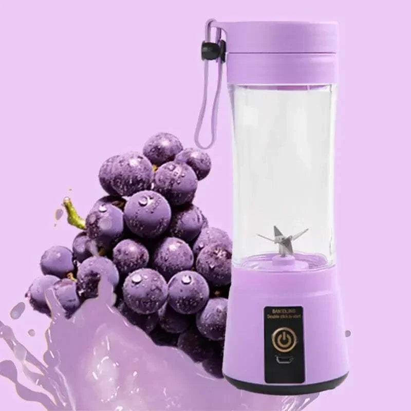 Portable fruit juice blender with 6 blades, USB rechargeable, lavender color, next to grapes.