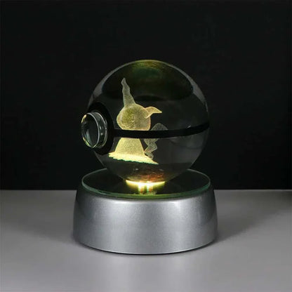 LED lit Pokemon Crystal Ball with Pikachu model on silver base, home decor night light.