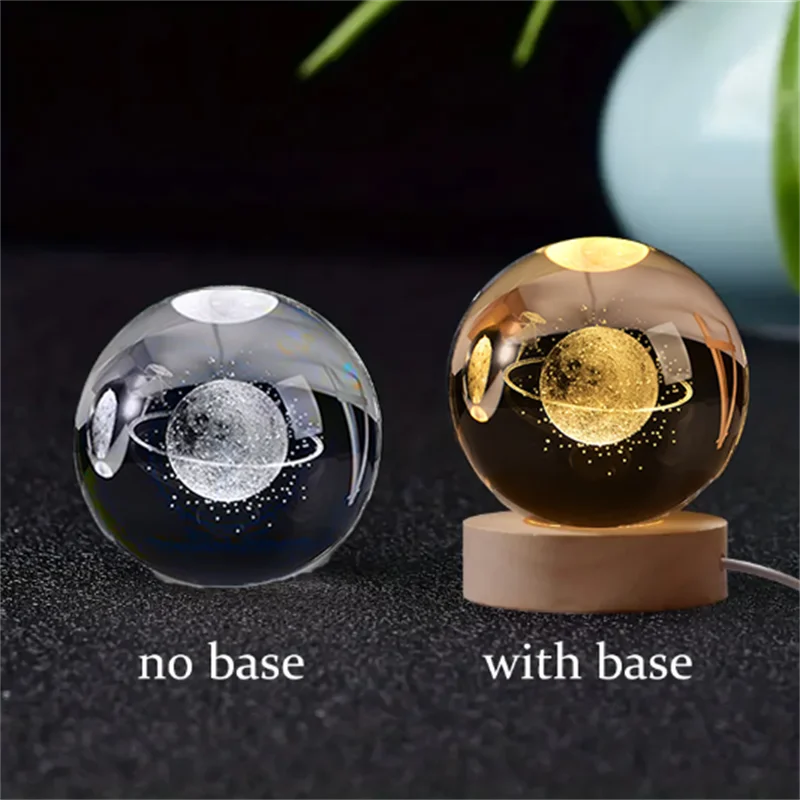 6cm 3D crystal ball with laser-engraved solar system, no base and with base.