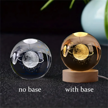 6cm 3D crystal ball with laser-engraved solar system, no base and with base.
