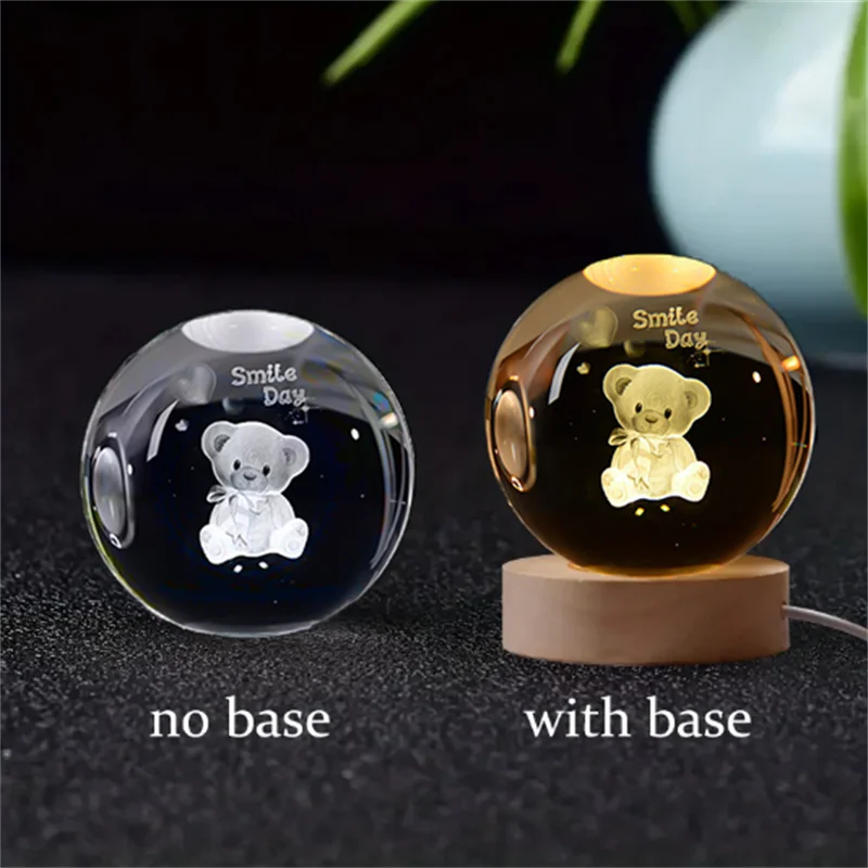 3D crystal ball night light with teddy bear engraving, with and without base.