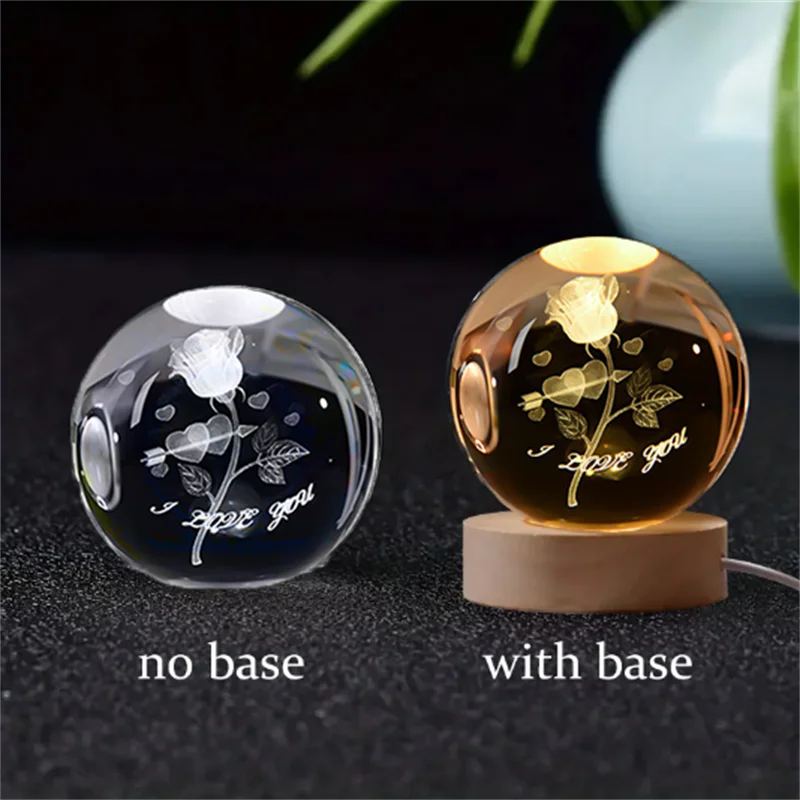 6cm 3D crystal ball night light with laser-engraved design, shown with and without a base.