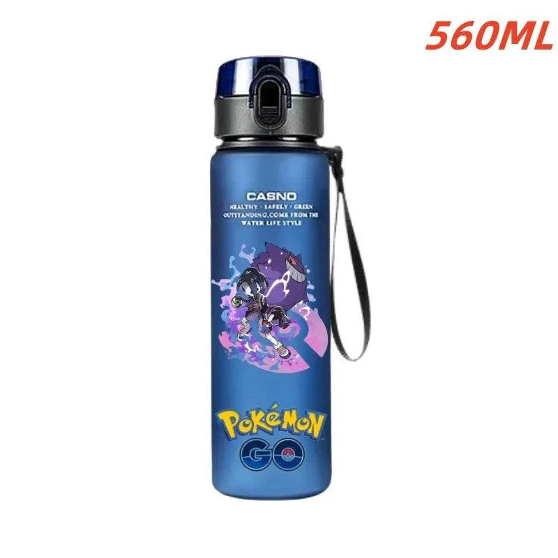 560ML Pokemon water cup featuring Pikachu and Gengar, anime design, large capacity plastic bottle for children, outdoor sports use.