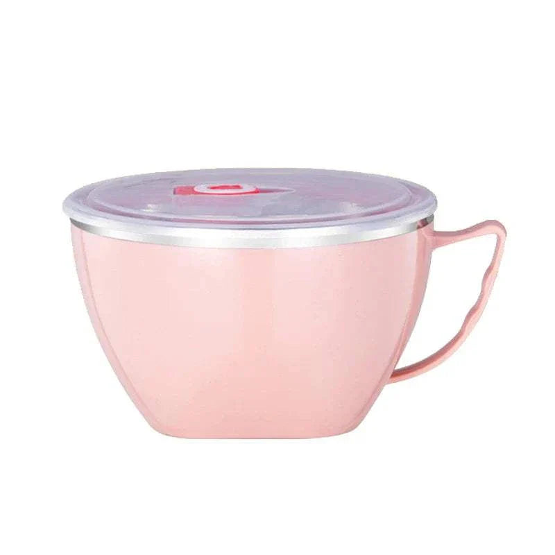 Stainless steel bowl with handle, solid color, anti-scalding design for instant noodles, kitchen tableware accessory.