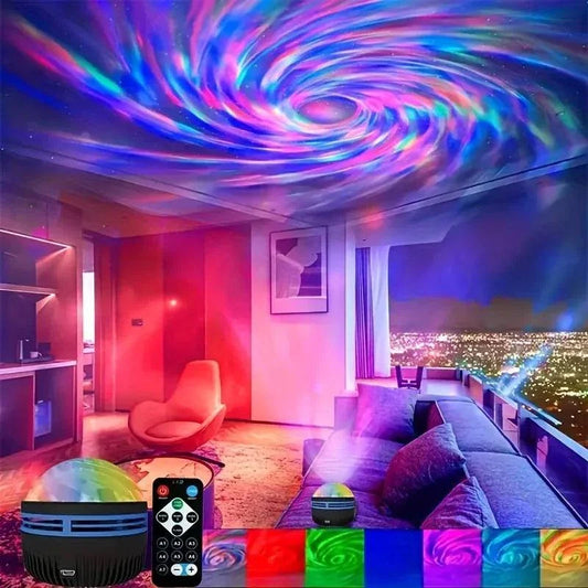 LED Starry Galaxy Projector illuminating colorful aurora patterns in a stylish living room.