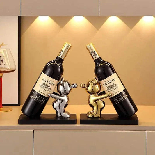 Ceramic bear wine rack cup holder with plastic base, ideal for home or bar decoration.