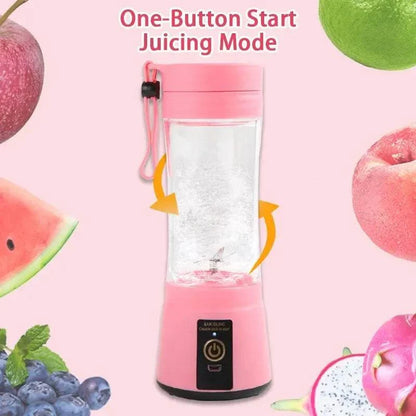 Portable electric mini blender with USB charging, six blades, and one-button juicing mode, surrounded by fresh fruits.